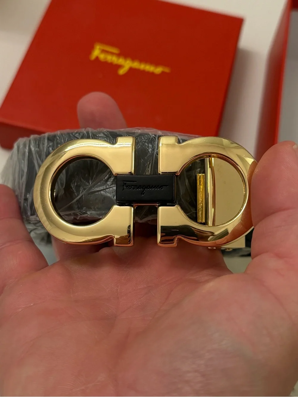 Salvatore Ferragamo Black Leather Belt with Gold Double Gancini Buckle